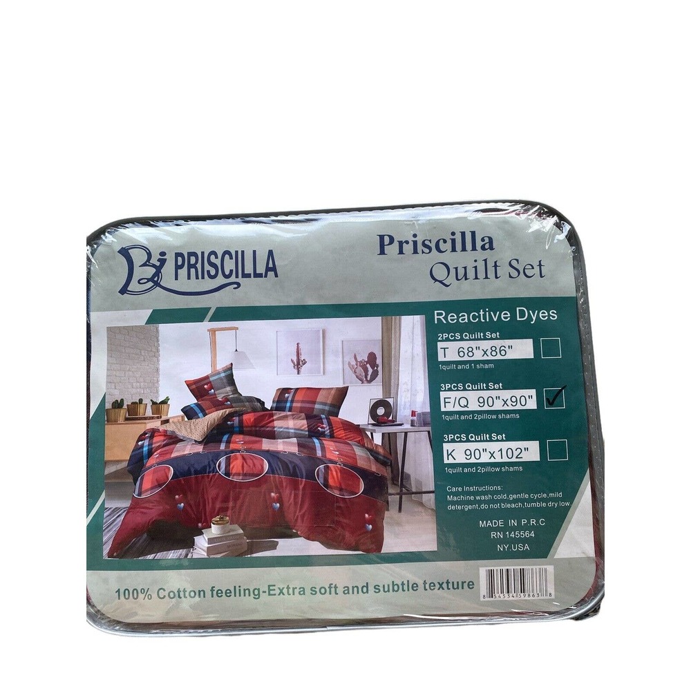 100% Cotton Quilt 3pc Set Bedspread Lightweight Red Blue W/hearts F/Q 90x90